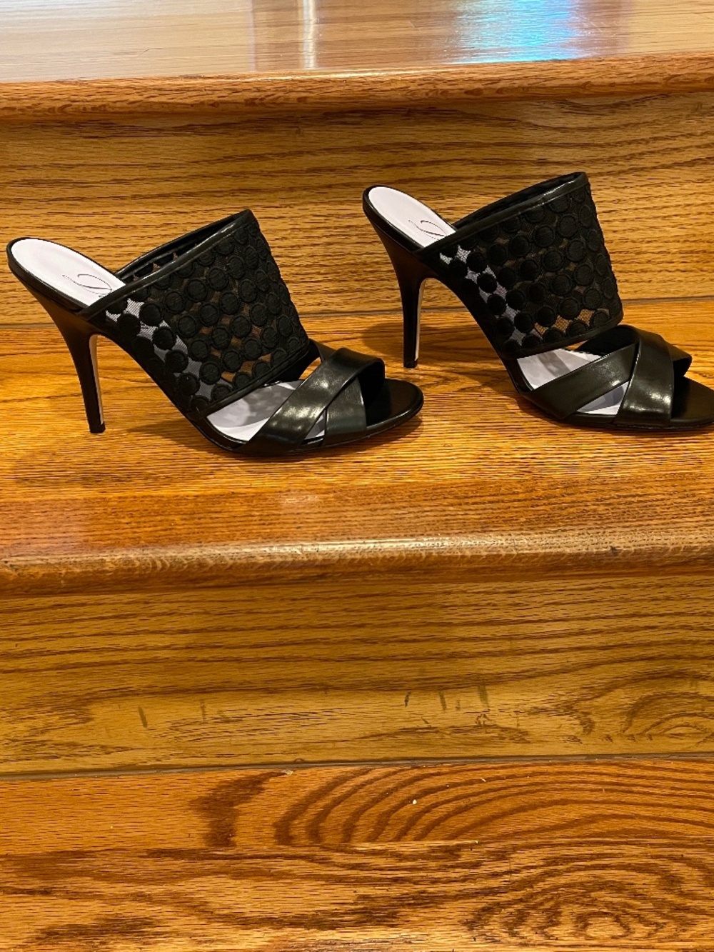 Delman Black Leather Mesh Polka Dot Mule Stiletto Heels Size 8.5